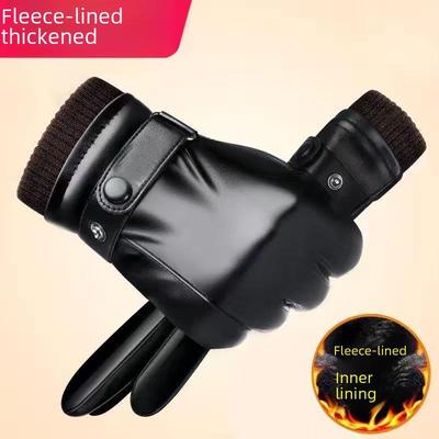 Men's Waterproof Windproof Leather Motorcycle Gloves with Thick Velvet Lining, Touchscreen Compatible for Winter Riding