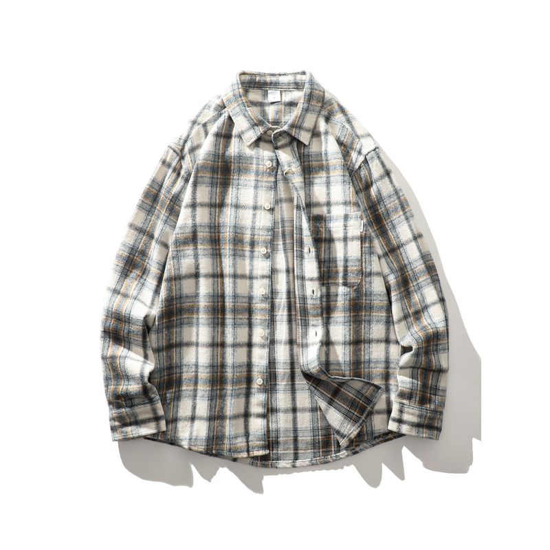 American Retro Flannel Brushed Loose Plaid Shirt Men's Spring and Autumn Jacket Foreign Trade Men's Casual Plaid Shirt