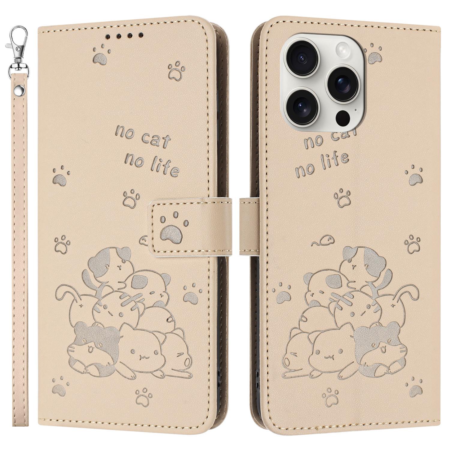 

For iPhone 16 Pro Case with Strap Cats Imprint Leather Wallet Phone Cover B