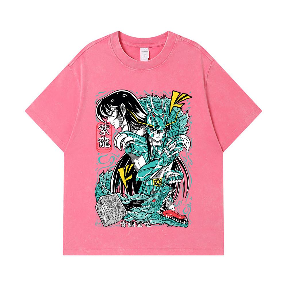 275 GSM Washed T-shirts 100% Cotton Saint Seiya V8 Shiryu Print Unisex Heavy Cotton T Shirt