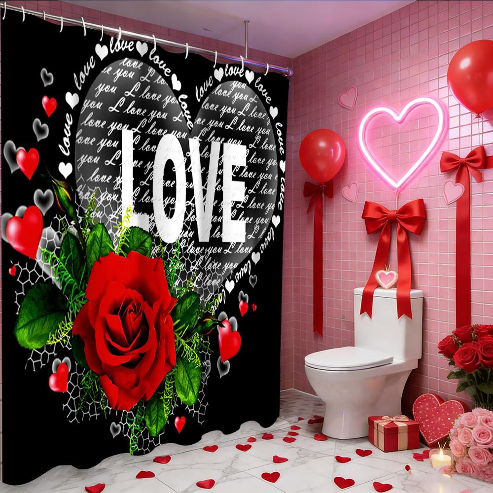 Valentine's Day Love Heart Rose Shower Curtain, Bathroom Shower Waterproof Curtain with 12 Hooks, Fish Shaped Home Decoration
