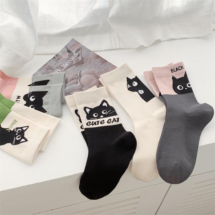 1 Pair Cartoon Cat Printed Kawaii Socks Women College Style School Girls Cute Socks Casual Harajuku Retro Middle Tube Socks