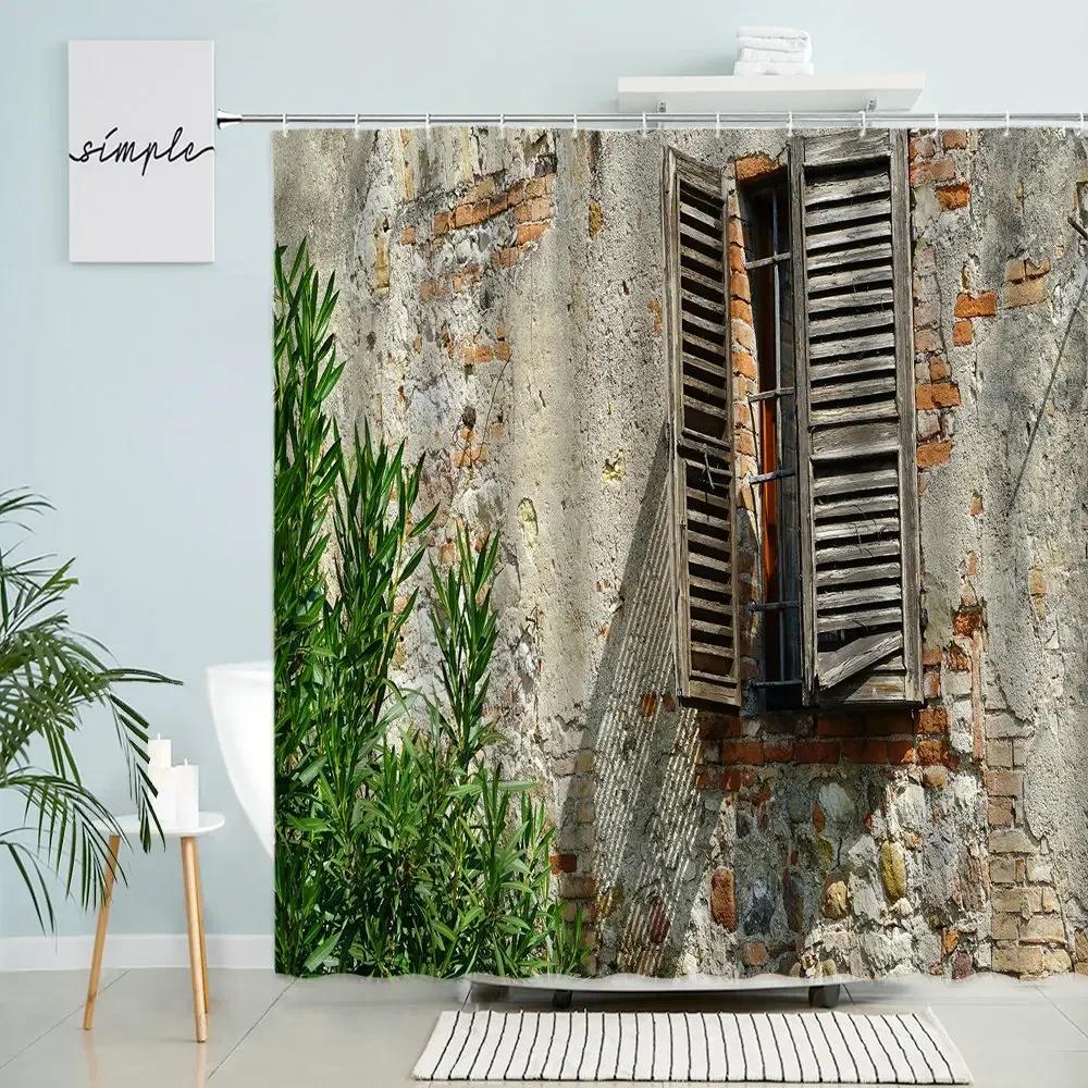 European Town Window View Shower Curtain Green Plants Flowers Vines Vintage Old Wooden House Wall Door Bathroom With Hook Screen