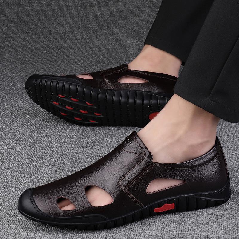 Men's Black Genuine Leather Breathable Slip-On Loafers