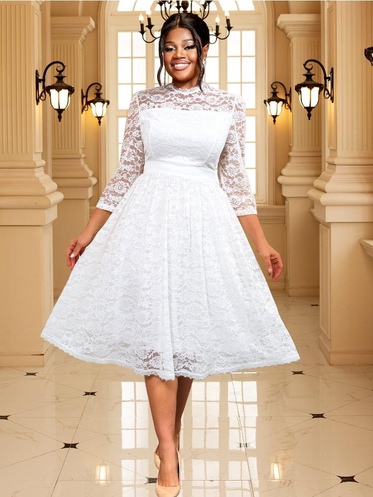

Элегантное белое кружевное платье А-силуэта для женщин, полувысокий воротник, рукав 3/4, миди-длина, наряд для церкви, свадебного гостя, вечеринки, формальное мероприятие, винтажный стиль 4XL