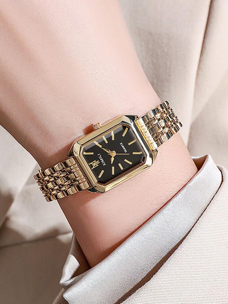 1pc Women's Fashion Quartz Watch, Simple Dial Square, High-Quality Gold Plated, Stainless Steel Strap, Suitable For Birthday, Anniversary