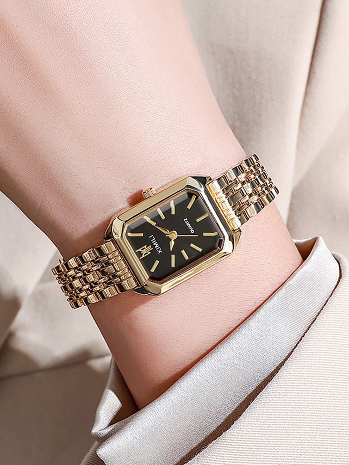 

1pc Women s Fashion Quartz Watch, Simple Dial Square, High-Quality Gold Plated, Stainless Steel Strap, Suitable For Birthday, Anniversary чорний