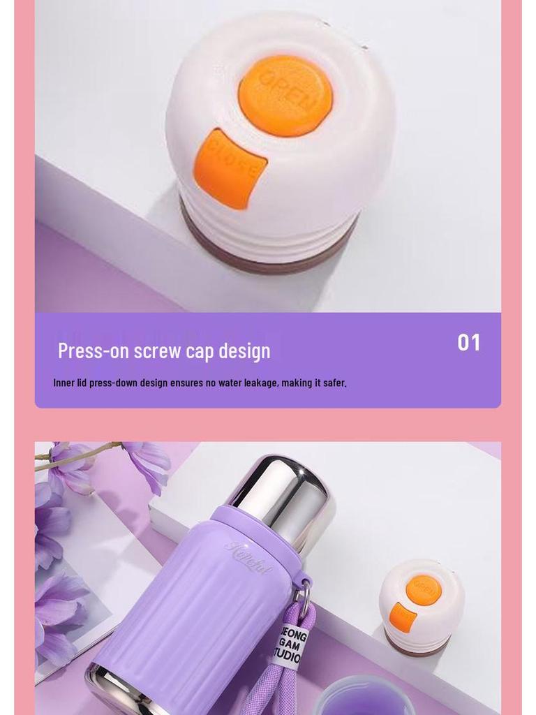Stylish 316 Stainless Steel Insulated Mini Cup with Carrying Rope & Pop-Up Lid - Portable & Sealed for Students