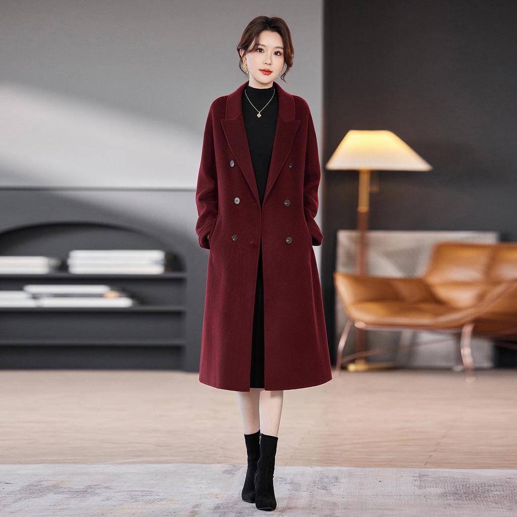 2025 Autumn/Winter Women's Mid-Length Double-Breasted Wool Coat with Belt