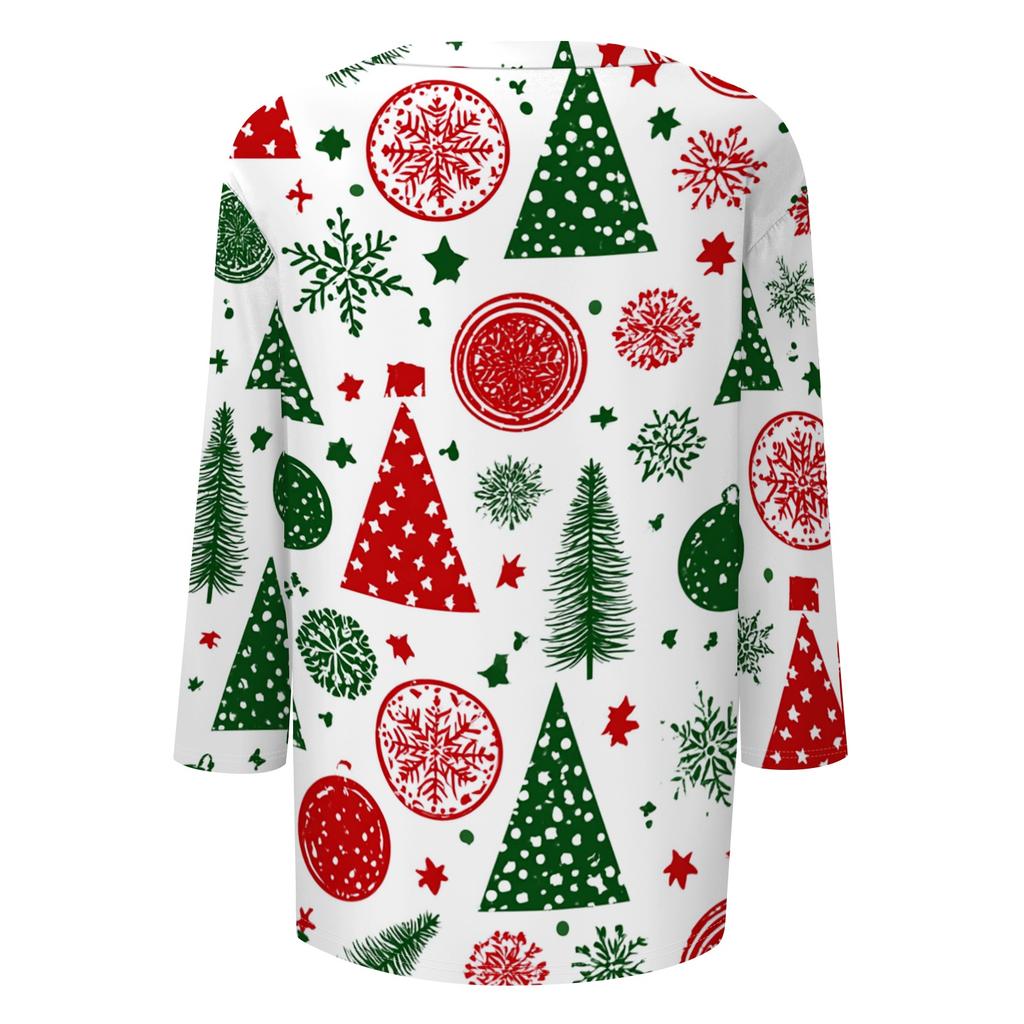 Women's Christmas Print V-Neck Three-Quarter Sleeve Casual Loose Fit Shirt
