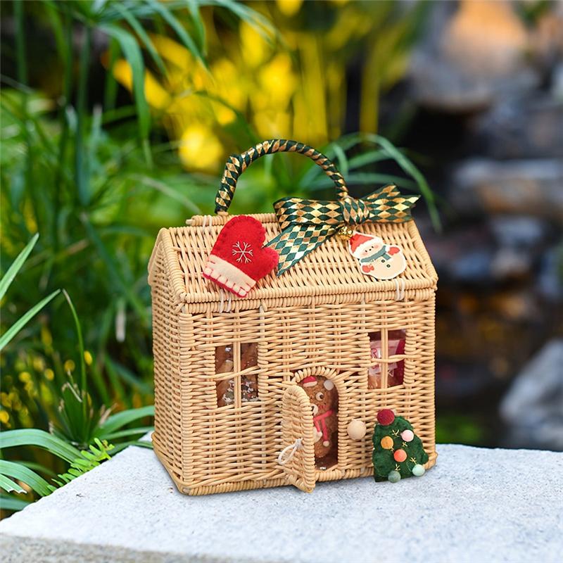 A74E-Rattan House Shaped Basket With Lid, Decorative Hand Woven Shelf Organizer Featuring A Folding Handle, Harvest Wicker Baske