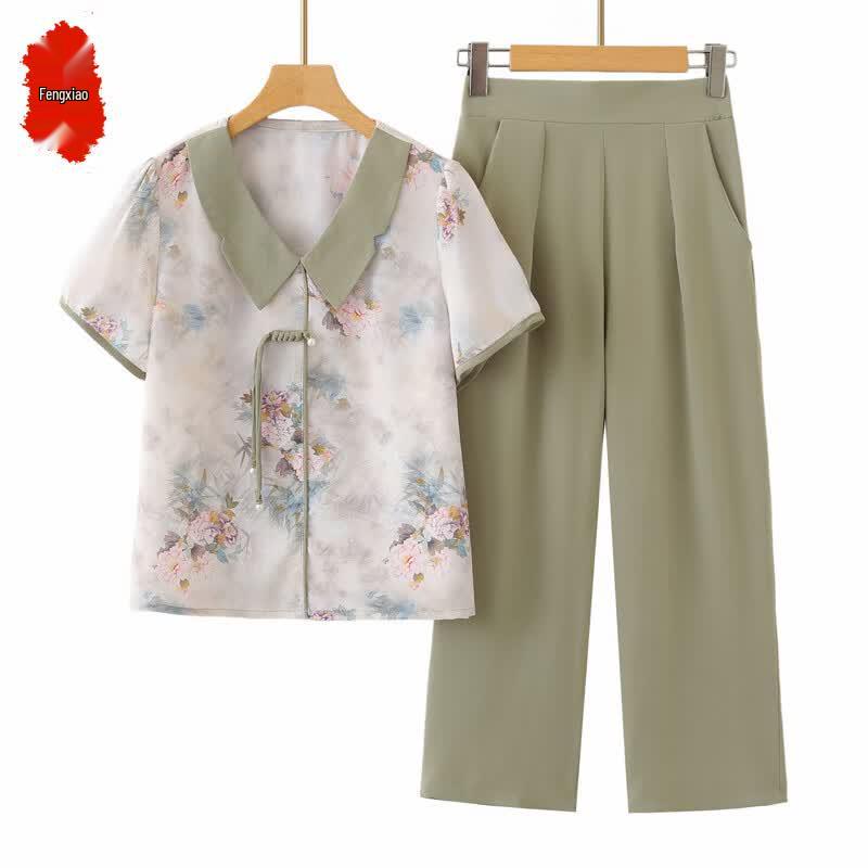 Women s Summer Floral Print Short-Sleeve Shirt & Capri Set 5XL