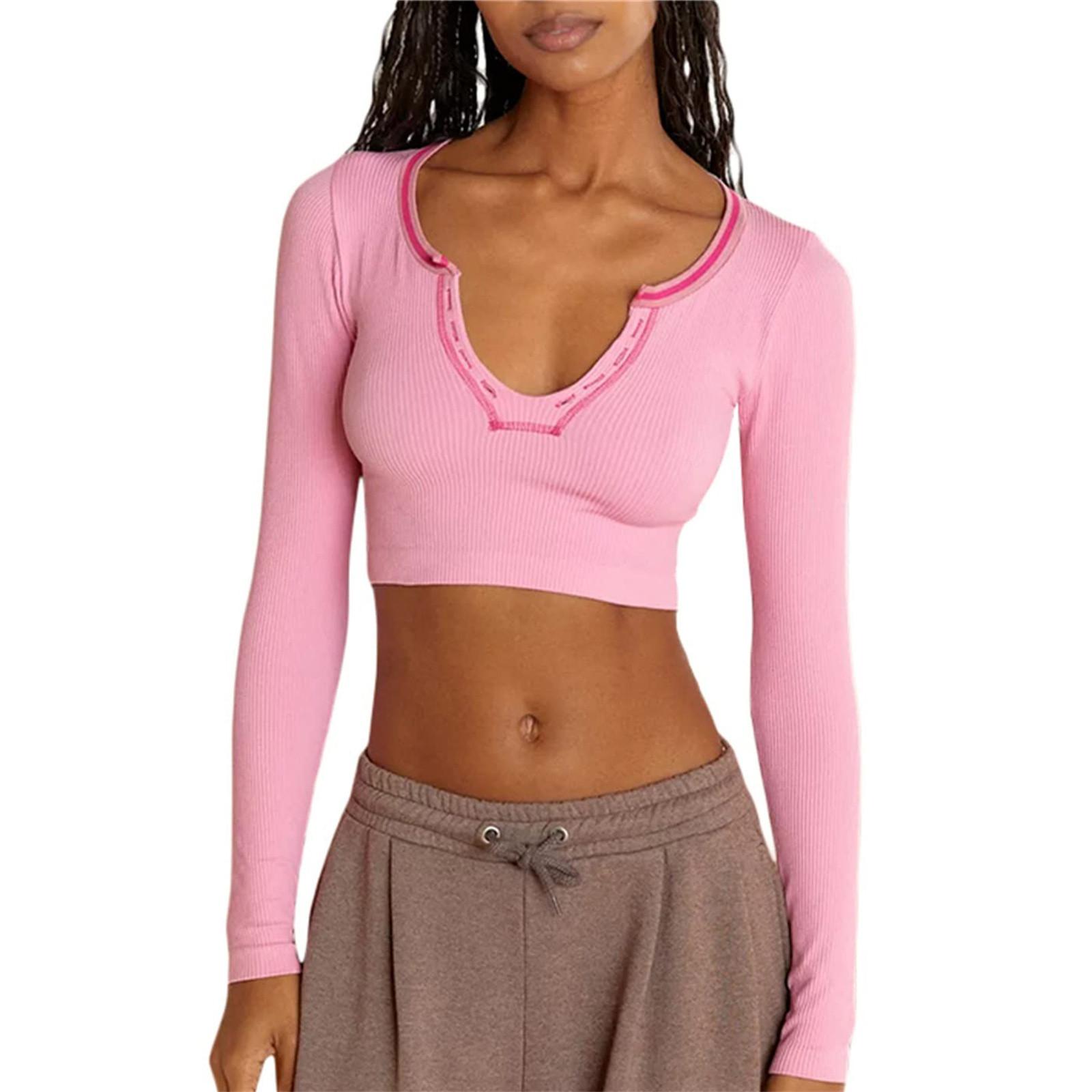 

(SU)Женские укороченные топы с V-образным вырезом, рубашки с длинными рукавами, приталенные рубашки, вязаные пуловеры, рубашки, уличная одежда