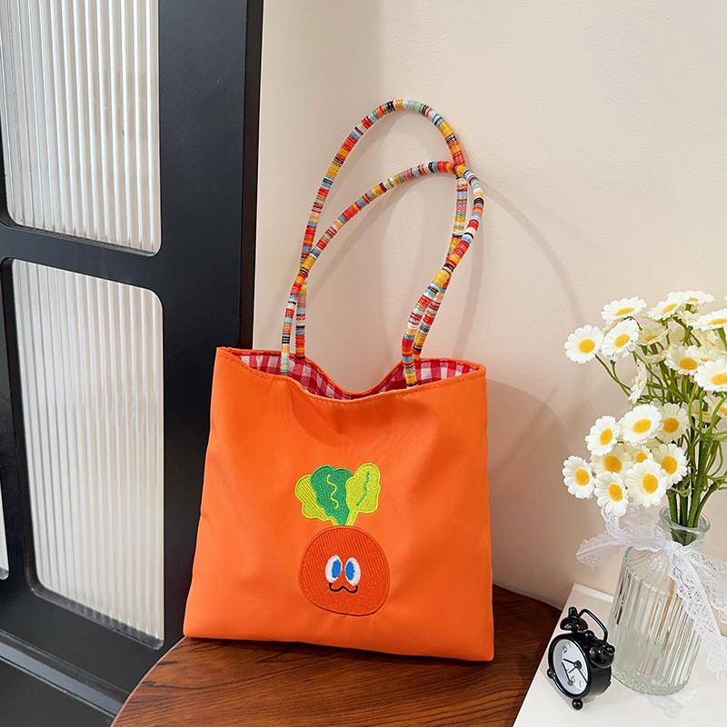 Canvas Bag For Women With Cartoon Embroidery Small Handheld Purse For Daily Use