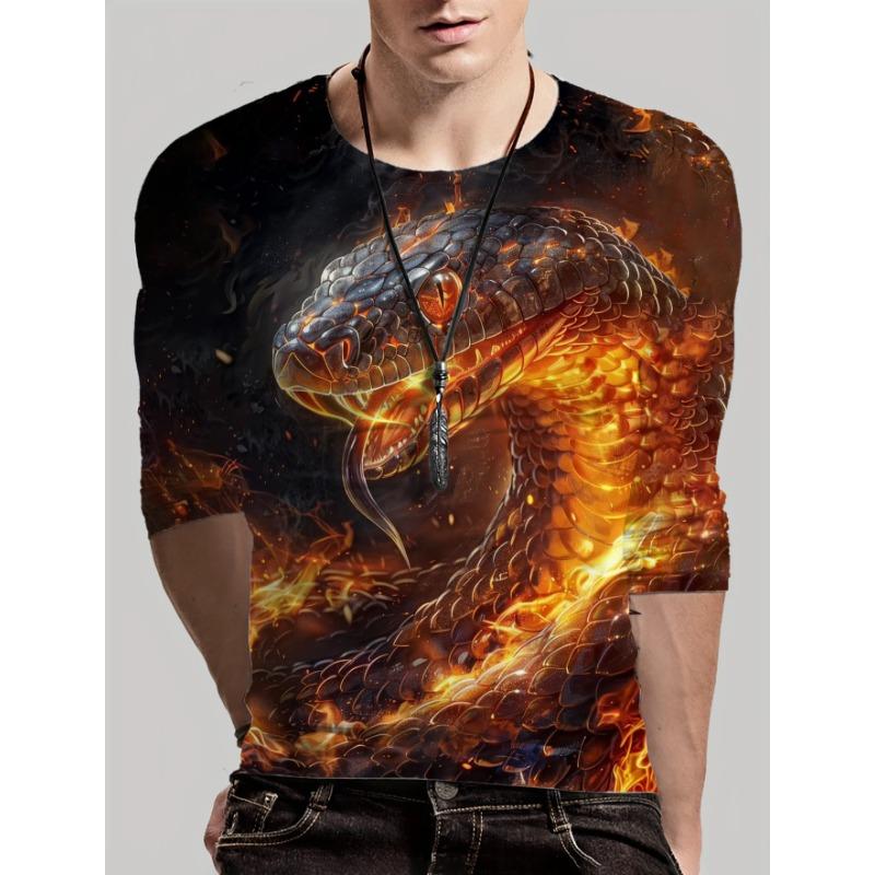Round Neck 3D Snake Printed Top Casual Long Sleeved Men's T-shirts - Soft Medium Stretch Polyester Fabric Spring and Autumn Relaxed Fit Clothing