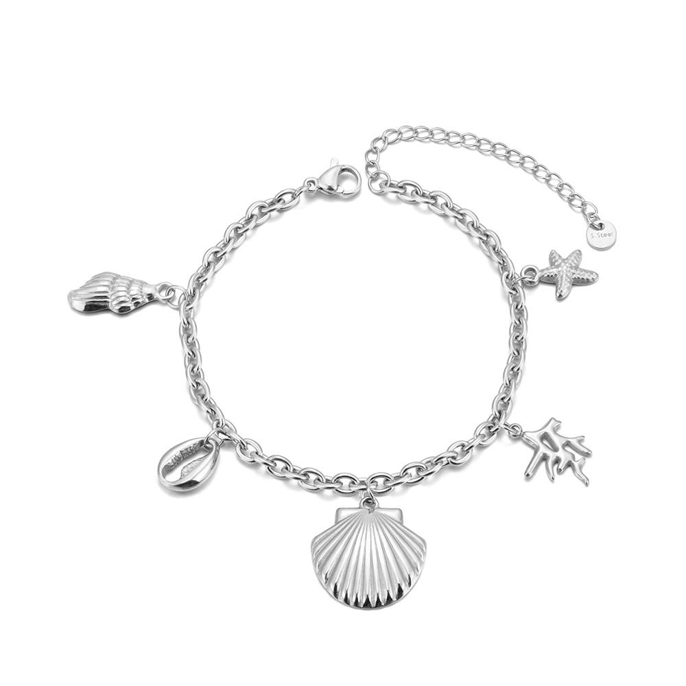 JeeMango Stainless Steel Shell Coral Starfish Pendant Bracelet for Women Personality 18K Gold Plated Ocean Style Jewelry B25134