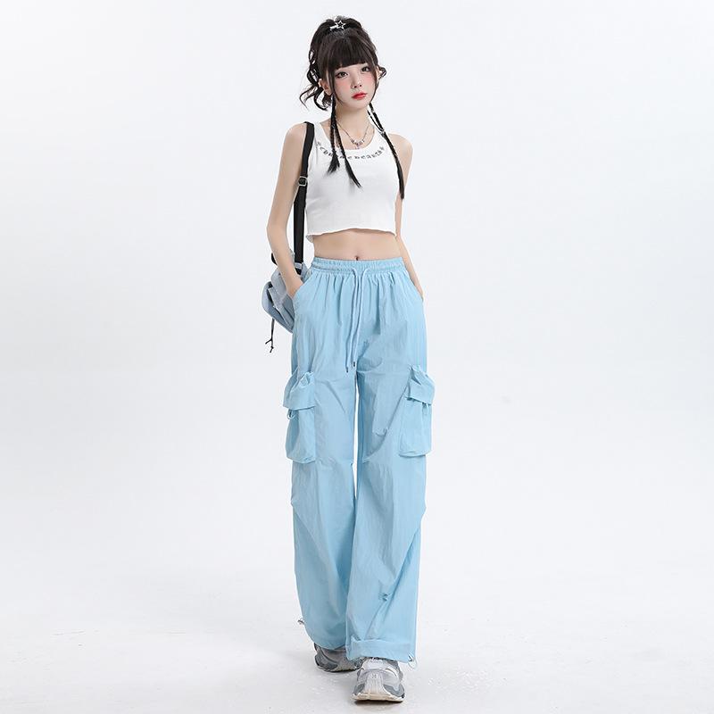 TXJ American overalls women's summer thin dopamine blue loose lazy casual quick-drying sweatpants
