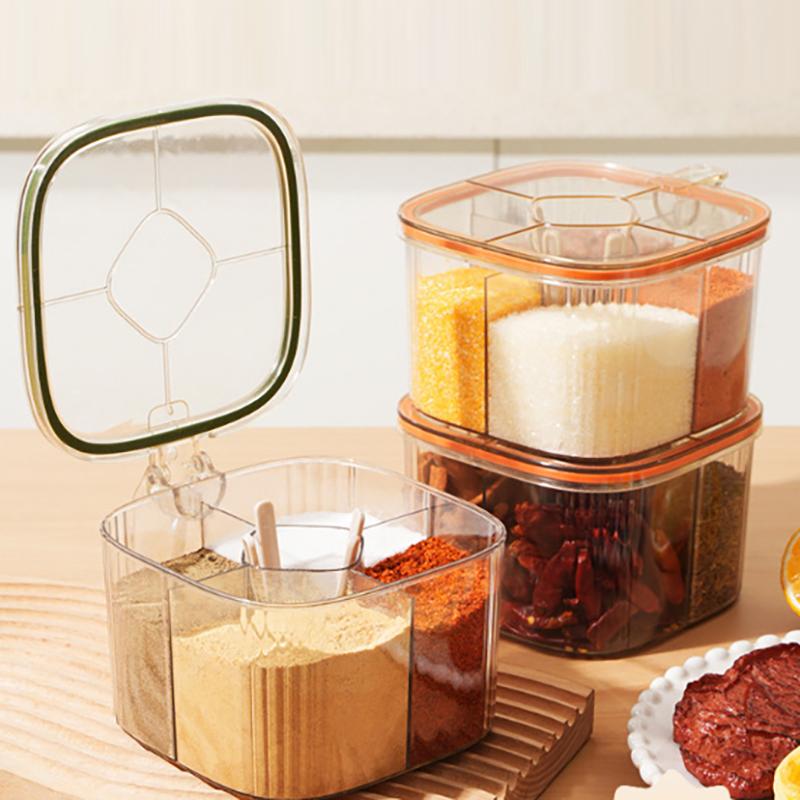Multi-Grid Salt Seasoning Box With Spoons And Sealed Lid Transparent Spice Jar Chili Powder Sugar Bowl Moisture-Proof Container