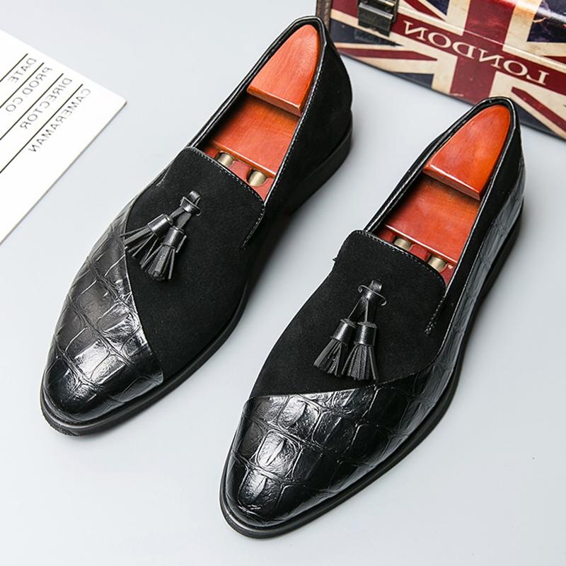 Fashion Britain Retrov New Men Pointed Suede Tassels Patchwork Flats Leather Shoes Casual Loafers Formal Dress Footwear Zapatos Hombre
