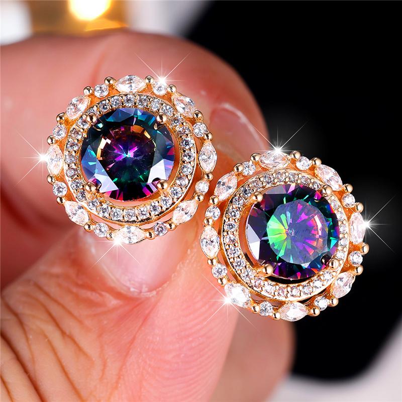 

Female Crystal Rainbow Zircon Stone Round Stud Earrings Vintage Silver Color Wedding Fashion Jewelry For Women