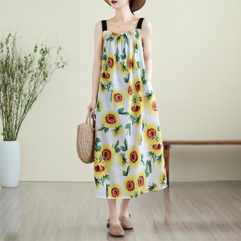 Sleeveless Strap Plus Size Chiffon Vintage Floral New In Dresses For Women Casual Loose Long Summer Dress