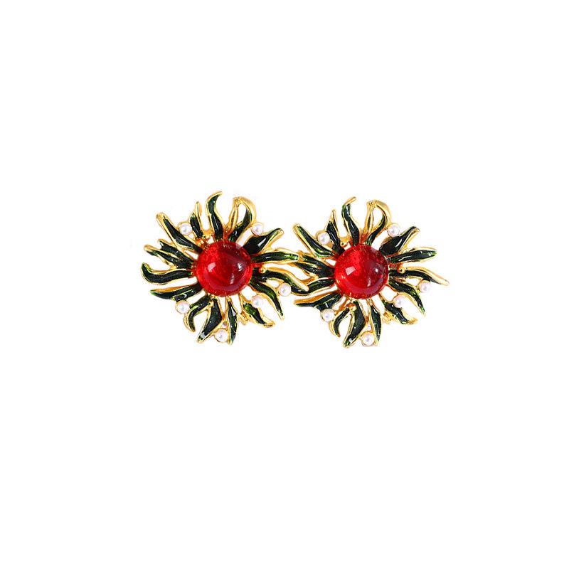 Boucles d'oreilles Puces Tournesol Émail Vintage Goutte d'Huile Boucles d'oreilles Perles Haut de Gamme Boucles d'oreilles Style Cour Médiévale Luxe Léger pour Femmes