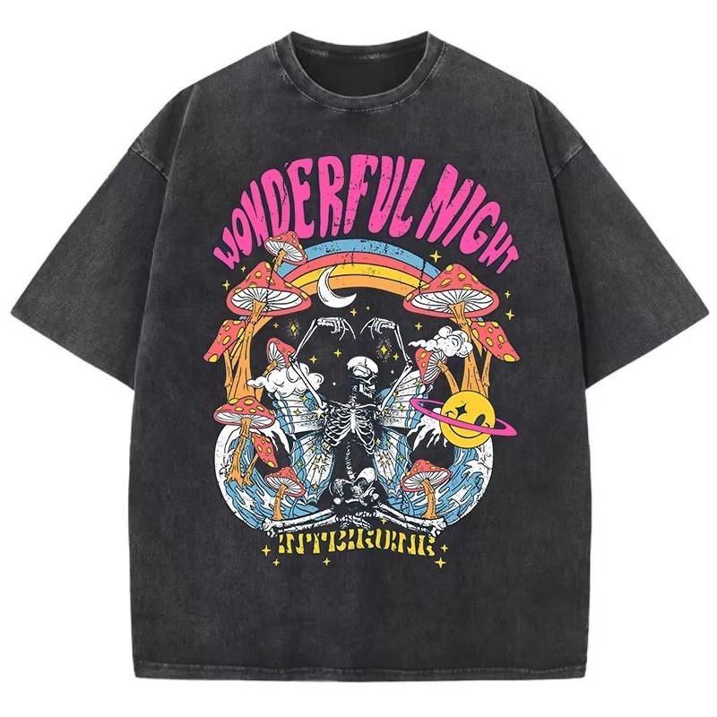 Wonderful Night Skeleton Butterfly Wave Print Unisexs TShirts Fashion Oversized Tops Street Comfortable Clothing Loose Wash Tee M