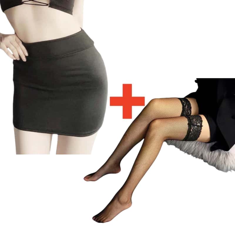 2PCS/SET Women High Waist Pencil Mini Skirts+Stockings Dress Set,Sexy Casual Wrap Hips Black Short Skirt and Pantyhose