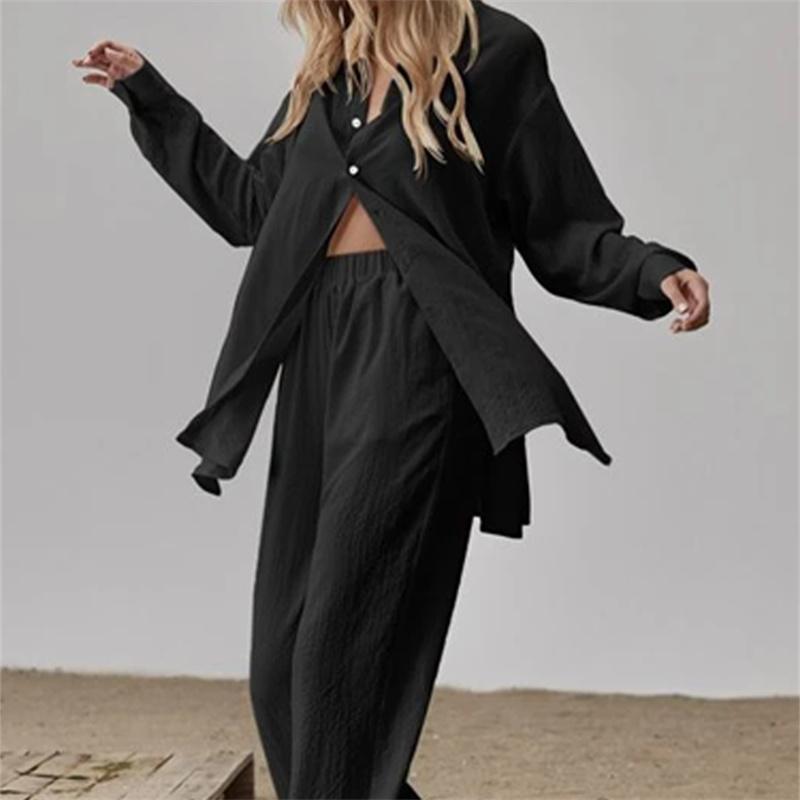 Jarní Elegantní Volný Módní Jednobarevný Outfit Dámské Košilové Obleky Dlouhý Rukáv Klopový Límec Košile A Elastické Kalhoty s Vysokým Pasem 2dílný Set