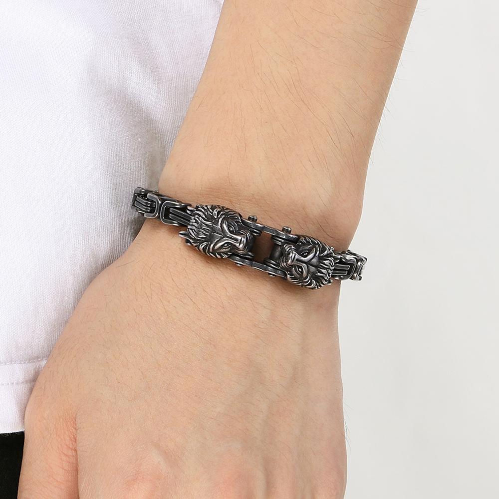 Cool 7MM Wide Men's Lion Head Link Chain Bracelet Vintage Blackened 316l Stainless Steel Bracelets Gothic Biker Jewelry for Men