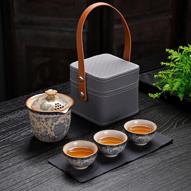 Ru kiln portable travel tea set Kuaike cup outdoor leather bag storage bag travel advanced sense camping