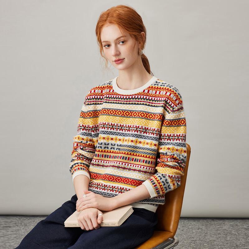 Kemonboka Women's Fair Isle 100% Cashmere Crewneck Sweater