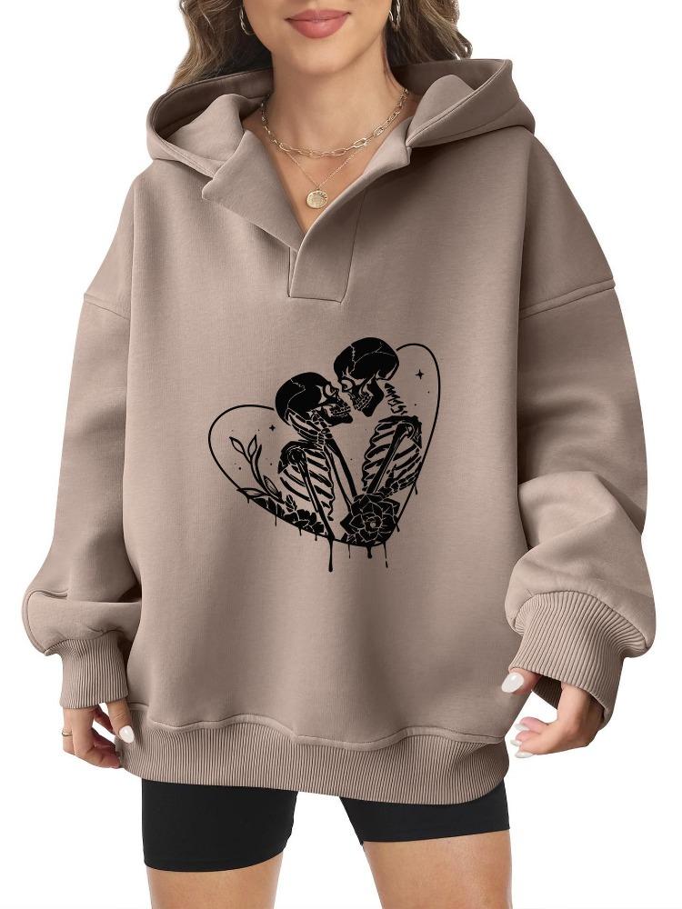 

New European American Halloween Womens Hooded Sweater Front Back Print Winter Fleece Loose Casual Pullover S