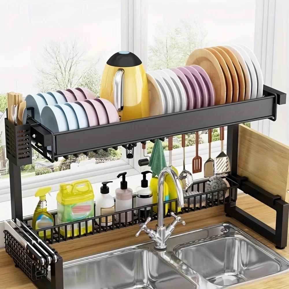 

Многофункциональная 2-ярусная сушилка для посуды, кухонная сушилка, подставка для ножей и палочек для еды, полка для хранения с подставками для кухонных принадлежностей m&1-tier чёрный