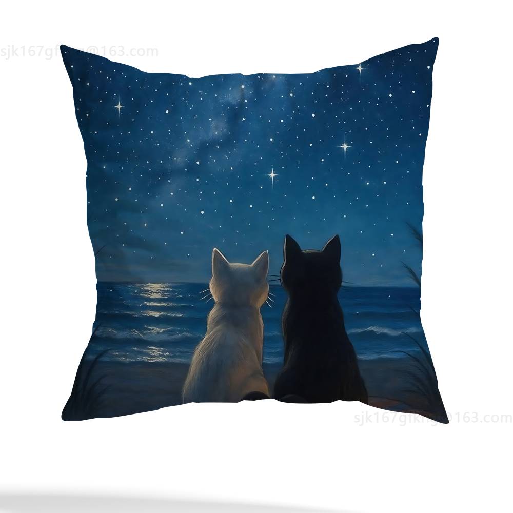 Star Heart MoonLight Cat Pillow Case Anti-dustmite Pillowcase Invisible Zipper Silky Short Plush Sofa Cushion Cover