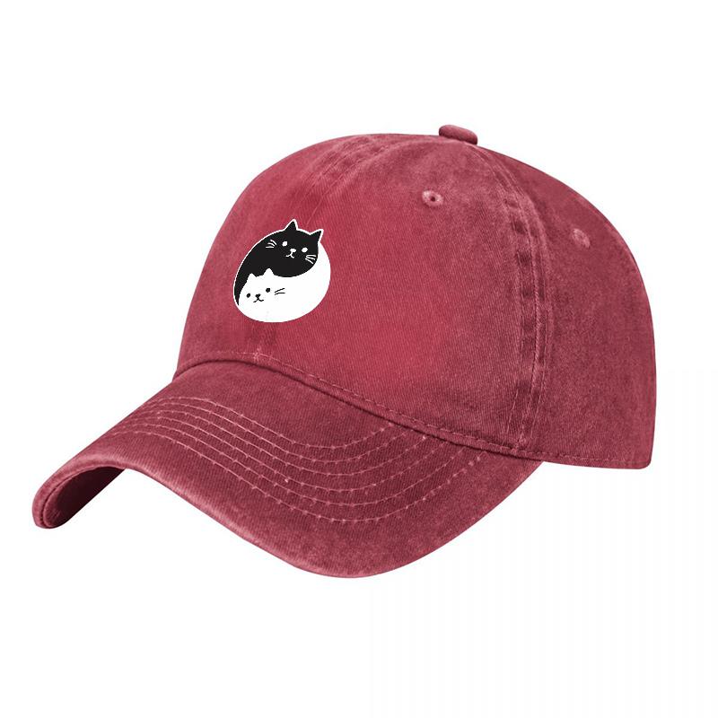 Yin Yang Cat Design Washed Canvas Baseball Cap Unisex Adjustable Hat for Unisex and Women Casual Streetwear Style Fashion Accessory