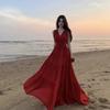 Red Backless V-neck Big Swing Dress, New Thin, Thailand Sanya Seaside Vacation Beach Dress Atmosphere