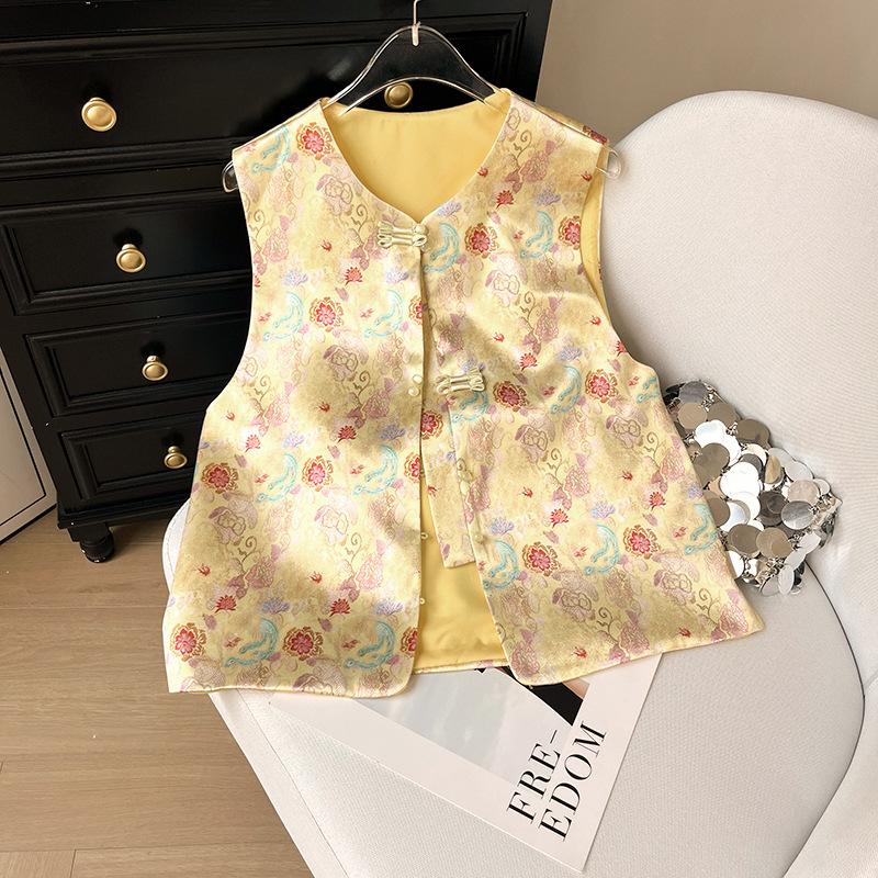 

2025 топ-жилет в стиле принт без рукавов модный жаккардовый с круглым вырезом ретро темперамент универсальный конь XXXL [Recommended 138-75kg]