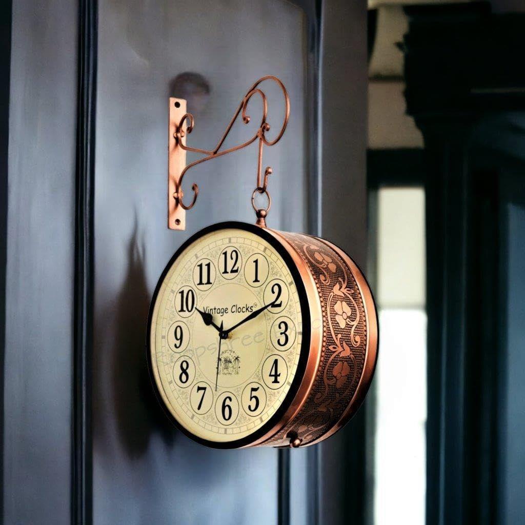 (10 INCH - One Side English Other Roman Numbers) Vintage Clock Iron Handcrafted Double Side Analog Clock , Rose Gold Finish, Floral Design