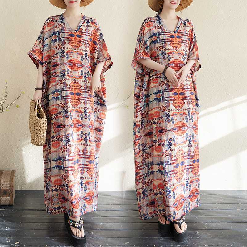 Summer Color Travel V-neck Retro Long Skirt Cotton Linen Dress