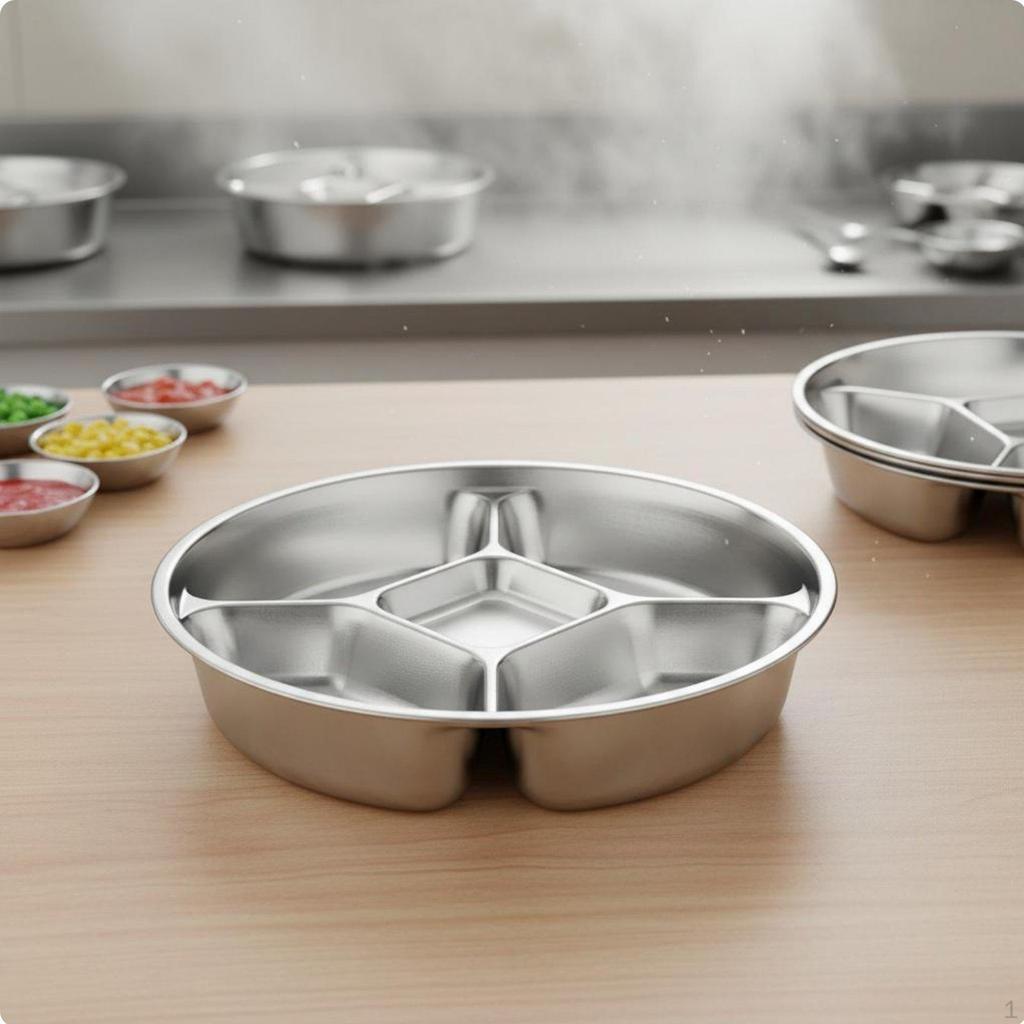 Stainless Steel Divided Plate 5Compartment Food Tray HeavyDuty Metal Portion Control for Home
