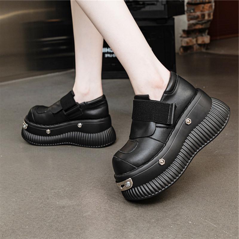 Fashion 8CM Microfiber Leather Mary Jane Autumn Flats Slipper Pumps High Women Puck Metal Platform Wedge Shoes Spring Brand Round Toe