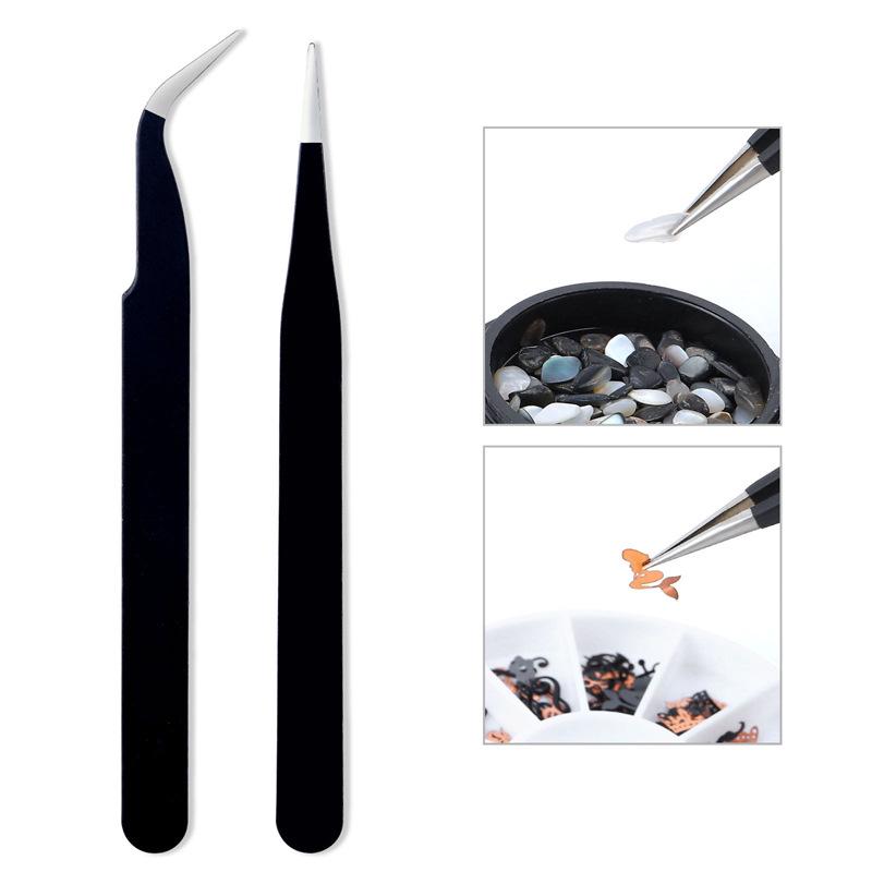 Stainless Steel Nail Art Tweezers - Black Curved & Straight Tips for Eyelash Grafting, Rhinestone/Picking Decorations, Multi-functional.