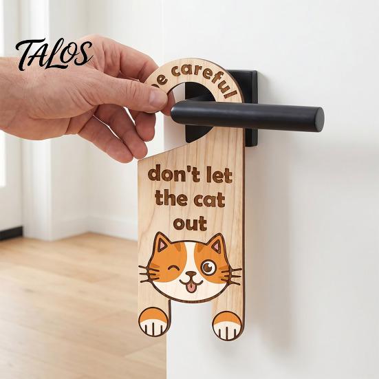 Cartello Avviso Maniglia Porta 'Ricorda di Tenere il Gatto Dentro', Cartello Promemoria in Legno Cartoon da Appendere, Decorazione Tema Animale Domestico Carino, Gancio Maniglia di Sicurezza, per Camera da Letto e Ingresso