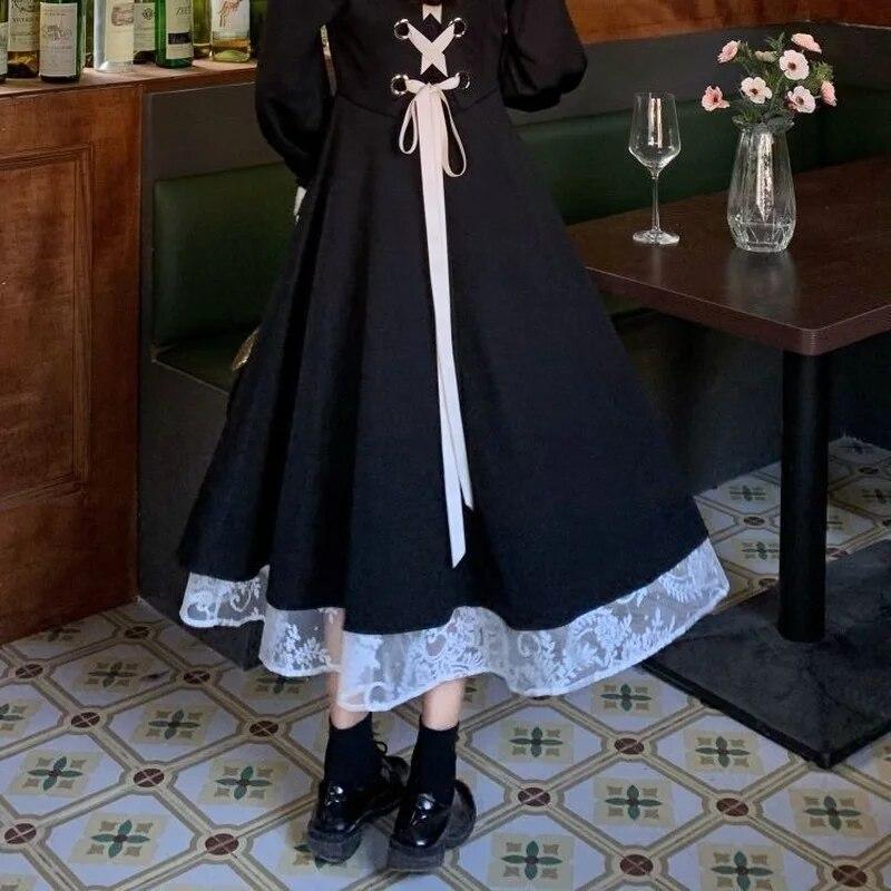 Langarm-Kleid für Damen, elegant, Schwarz, Allgleiches, Frühling, quadratischer Kragen, Vintage-Verband, Hepburn-Patchwork-Design