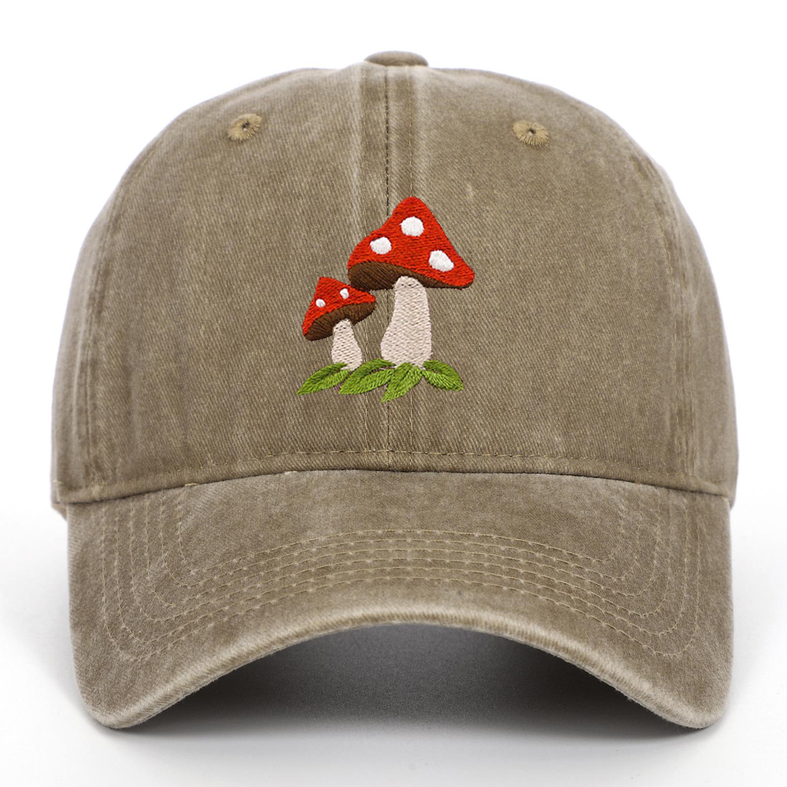 2023 Retro Pilz-Stickerei Baumwoll-Baseballkappe für Damen - Frühling/Sommer Sonnenhut Adjustable khaki