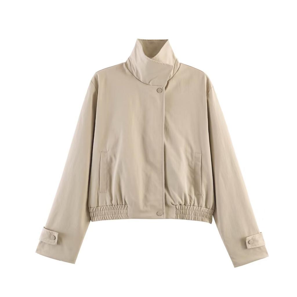 New, stand-up collar trap placket hem elastic waist commuter short jacket