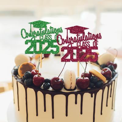 1pcs Congratulations Class of 2025 Graduation Cake Topper Glitter Congrats Grad Cap Cake Picks for Graduation Theme Party Decor