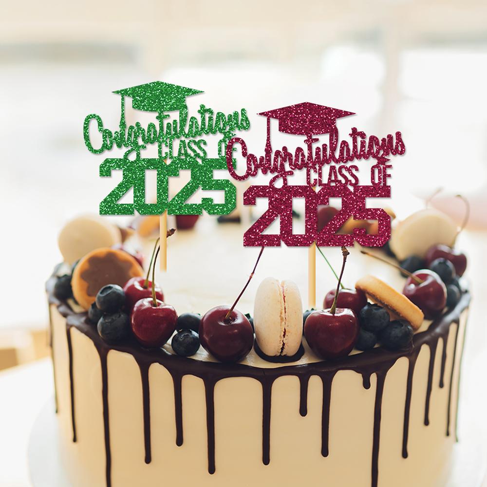 1pcs Congratulations Class of 2025 Graduation Cake Topper Glitter Congrats Grad Cap Cake Picks for Graduation Theme Party Decor