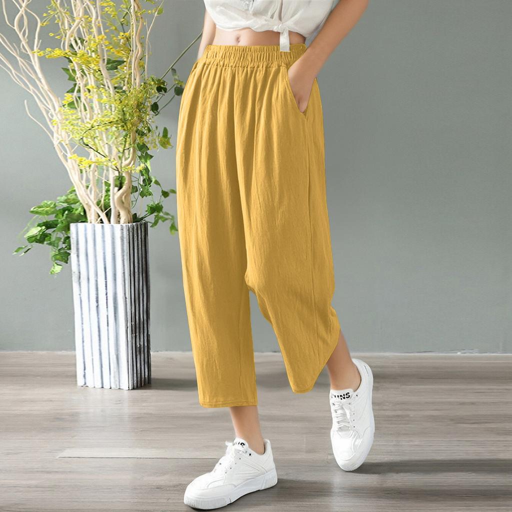 Women's Casual Wide-leg Cotton Hemp High-waisted Casual Cropped Pants With Pocket